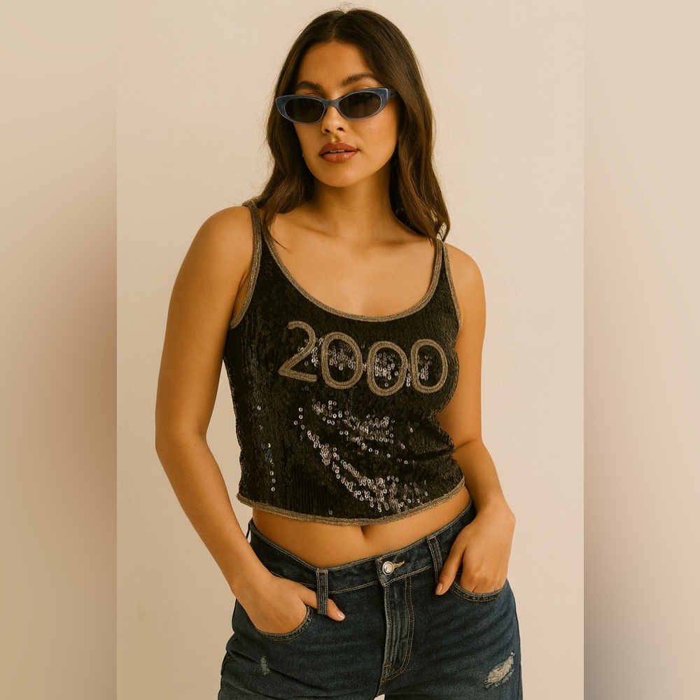 Scala 2000 Vintage Millennium Y2K Black Sequin Beaded Silk Tank Top Size‎ Large